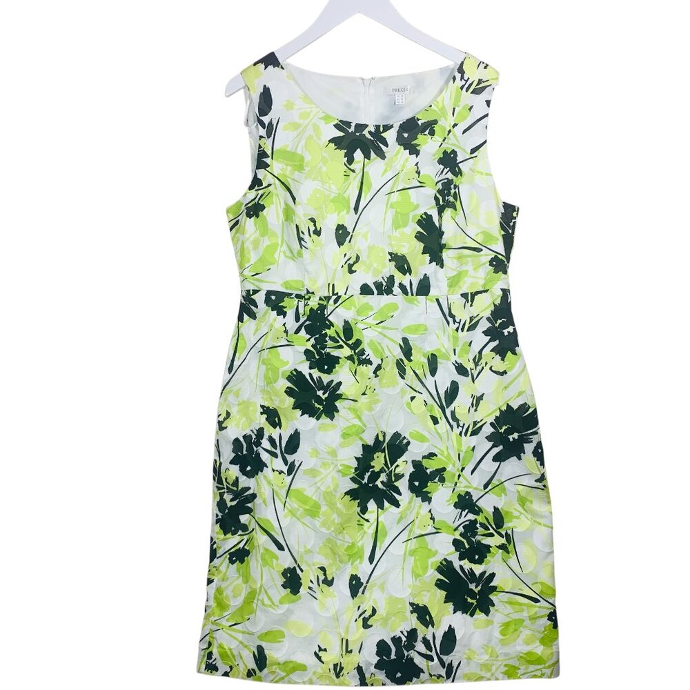 PREC Floral Sleeveless White light green black print Round Neck dress  size 16